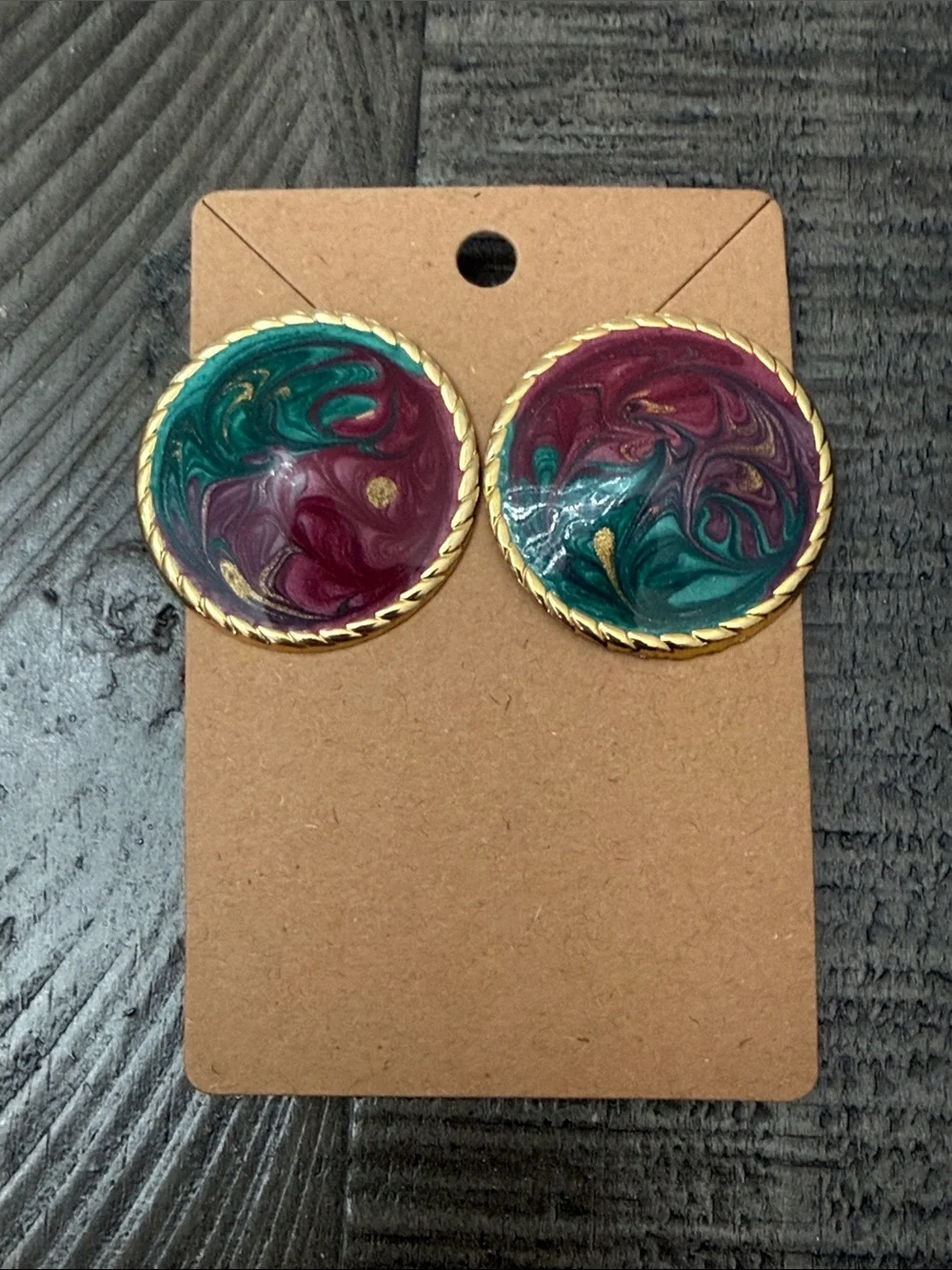 Swirl Teal & Burgundy Gold-Trim Round Post Earrings